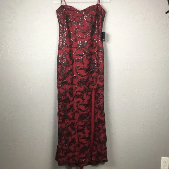 Marina Maroon & Black Sequin Strapless Sequin Gown